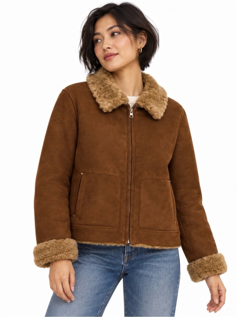 VTG Bernardo Brown Faux Suede Sherpa Lined Full Zip Jacket Coat Whipstitch M/L